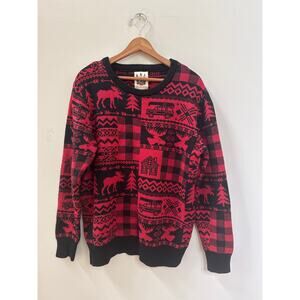 Kiel James Patrick Great Adventure Cozy Cabin Sweater Moose Lodge Red Black Med